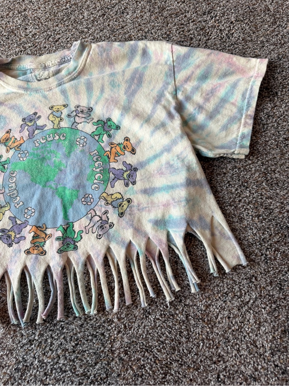 Grateful Dead S/M Dancing Bears Tie Dye Fringe Crop Reduce Reuse Recycle Tee - Picture 4 of 6